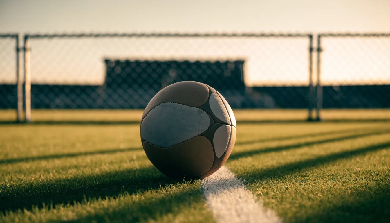 Ein Fußball liegt am Rand eines Rasens neben einer weißen Linie, im Hintergrund ein Zaun in der Abendsonne.