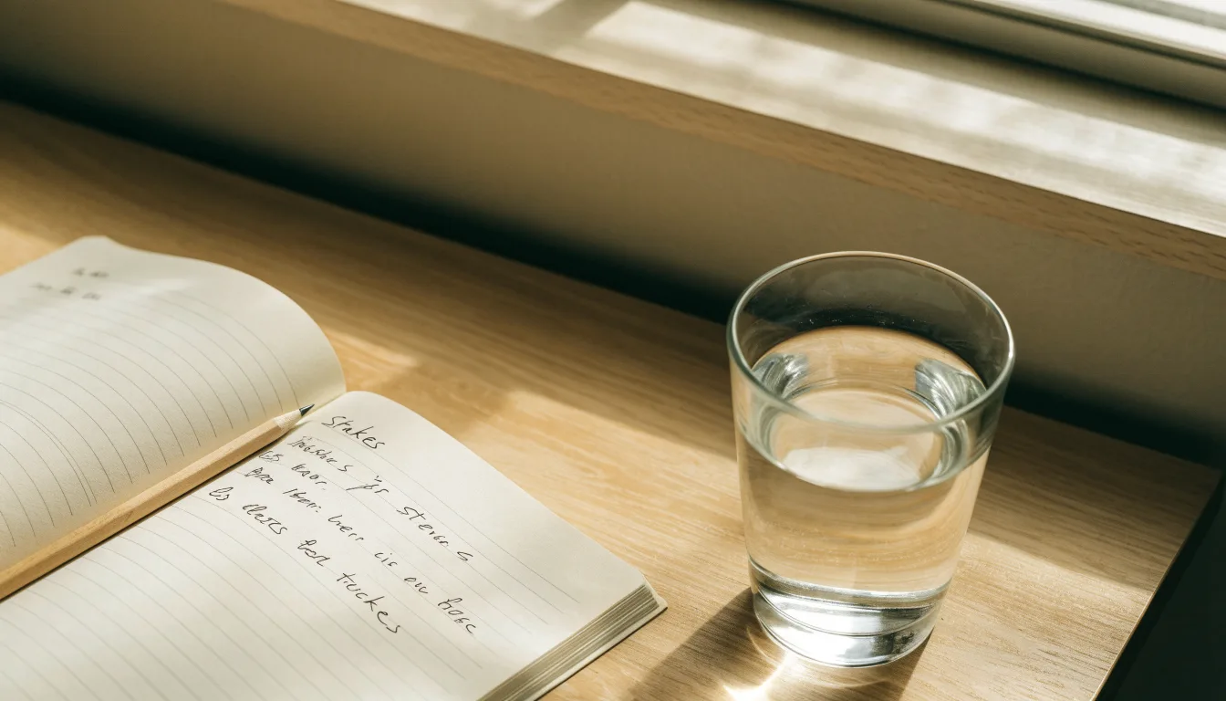 Ein Notizbuch und ein Bleistift liegen neben einem Glas Wasser auf einem hellen Tisch.