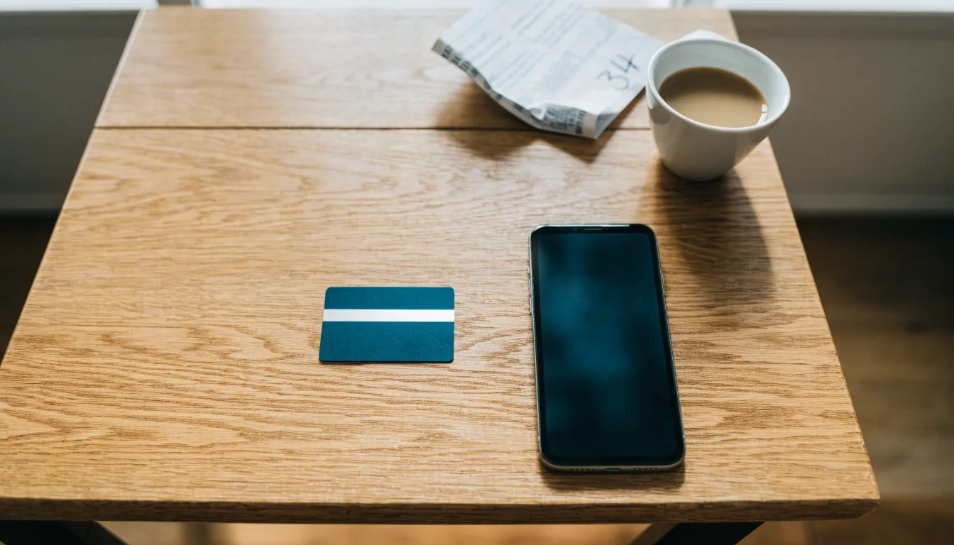 Eine Bankkarte ohne Aufdruck liegt neben einem Smartphone mit dunklem Display auf einem Holztisch.