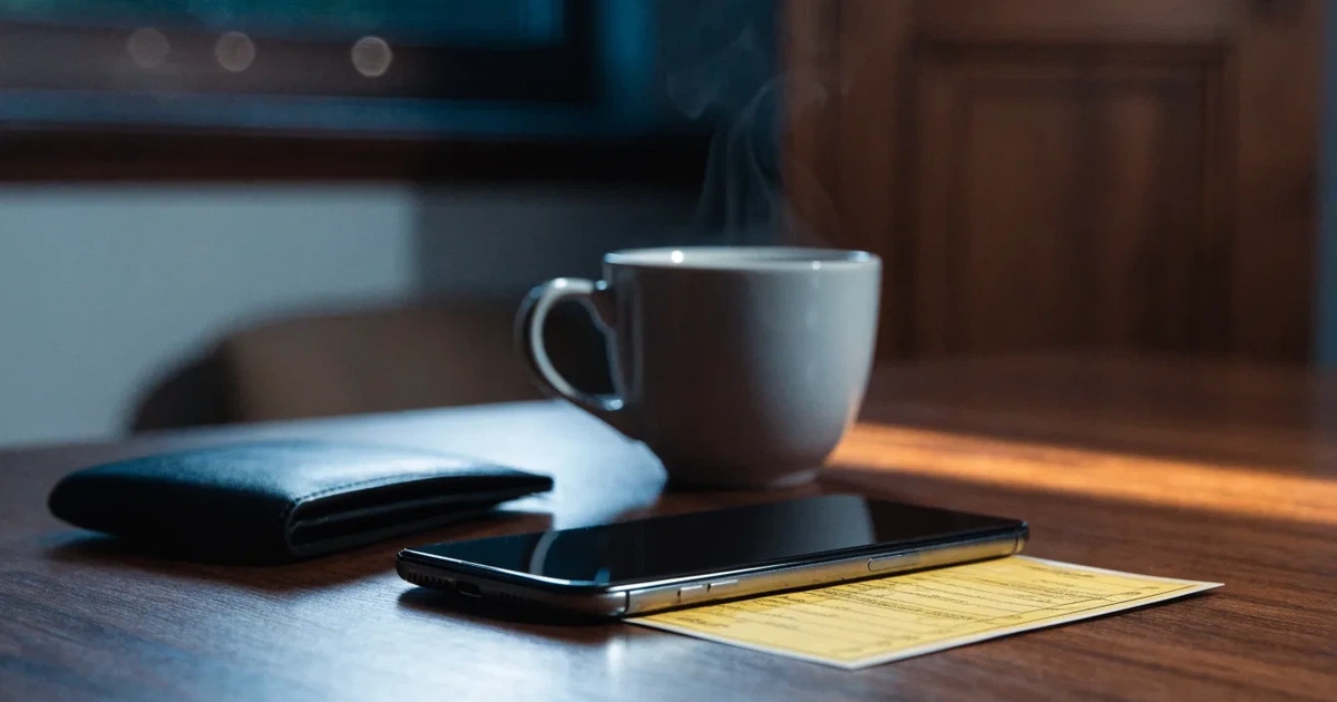 Ein Smartphone mit dunklem Display liegt auf einem Tisch neben einer Geldbörse und einer Tasse Kaffee.