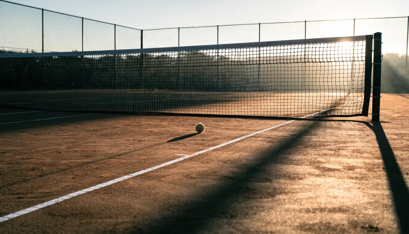 Ein Tennisplatz aus Sand bei Sonnenaufgang, das Netz im Gegenlicht, kein Mensch zu sehen.