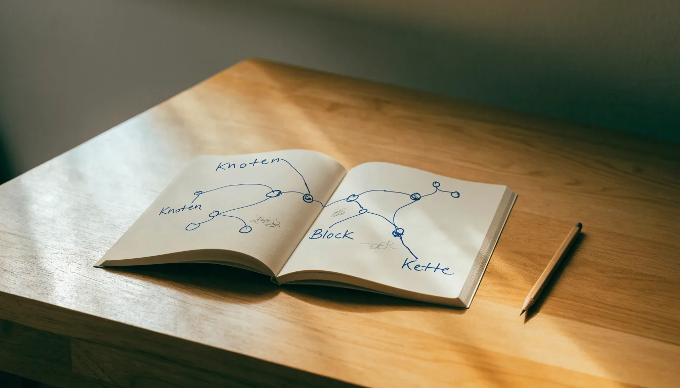 Ein Notizbuch mit handgezeichneten Knoten und Linien liegt neben einem Bleistift auf einem Schreibtisch.