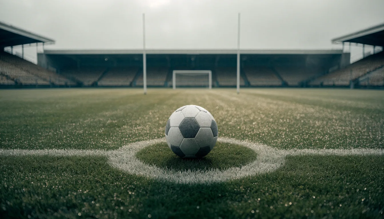 Ein Fußball liegt auf dem Anstoßpunkt eines leeren Rasenplatzes, im Hintergrund eine ruhige Tribüne unter bedecktem Himmel.