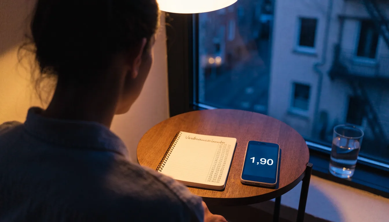 Die Silhouette einer Person sitzt am Abend am Fenster und blickt auf eine Straße, auf dem Fensterbrett steht ein Glas Wasser.