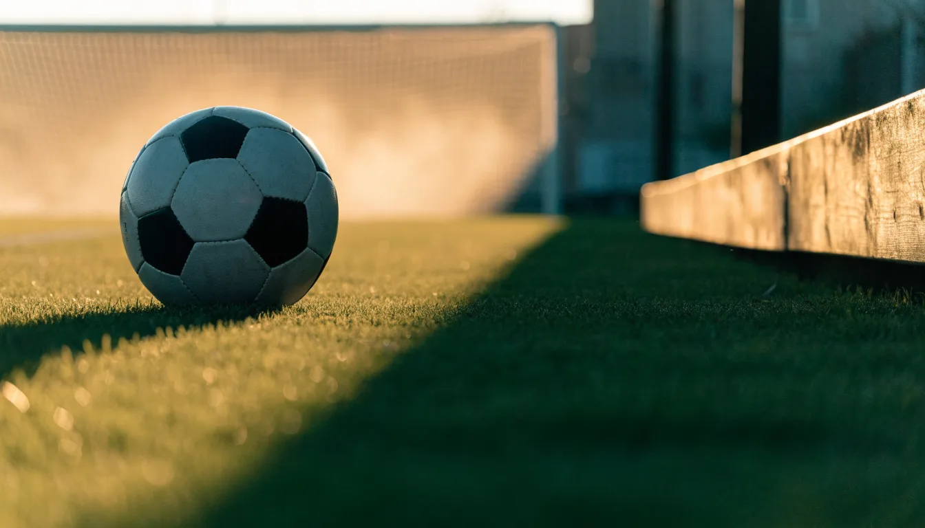 Ein Fußball auf einem Rasenplatz im Gegenlicht der tiefstehenden Sonne, am Spielfeldrand eine leere Ersatzbank.