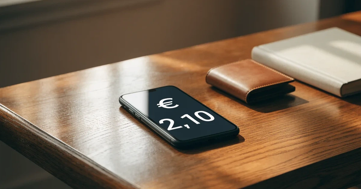 Ein Smartphone mit dunklem Bildschirm liegt neben einer Geldbörse und wenigen Münzen auf einem Holztisch im weichen Fensterlicht.