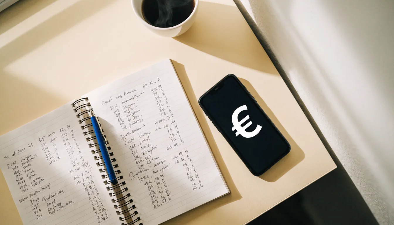 Ein Notizbuch mit handgeschriebenen Rechnungen und ein Taschenrechner auf einem hellen Schreibtisch neben einer Tasse Tee.