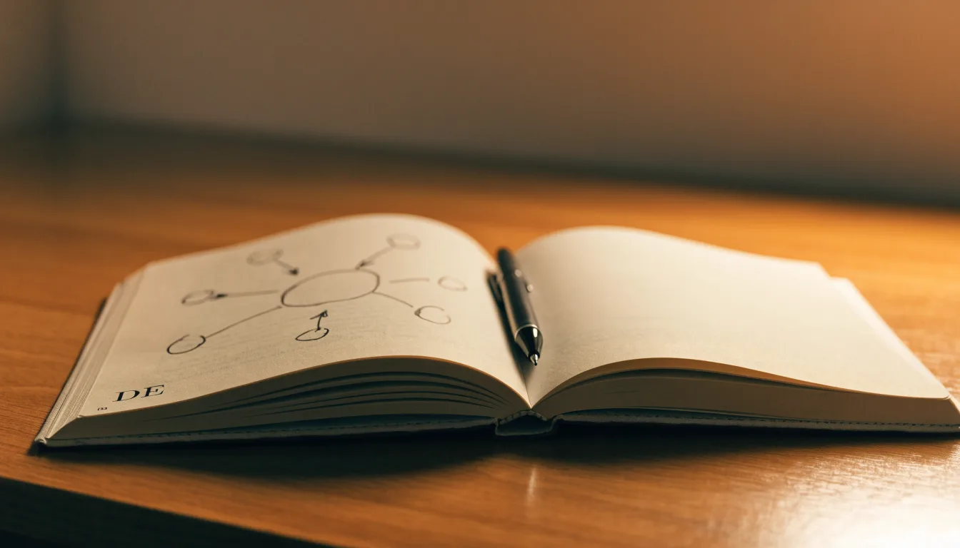 Ein Notizbuch mit handgezeichneten Pfeilen und Kreisen liegt neben einem Kugelschreiber auf einem Schreibtisch im Abendlicht.