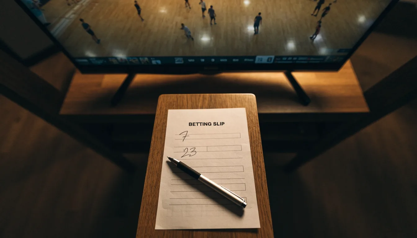 Ein Basketballfeld in einer leeren Halle, das Parkett spiegelt das Licht der Deckenlampen.