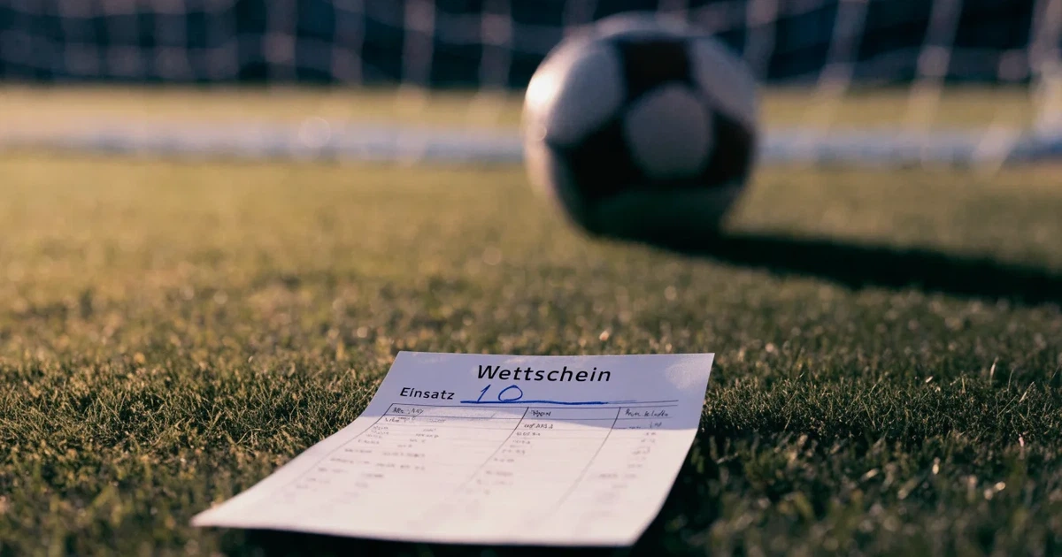 Zwei Fußbälle auf einem Rasen neben einem leeren Wettschein aus Papier, aufgenommen im Morgenlicht.