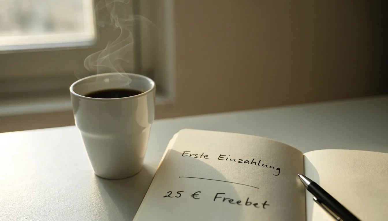 Eine Tasse Kaffee, ein Kugelschreiber und ein aufgeschlagenes leeres Notizbuch auf einem Küchentisch am Fenster.