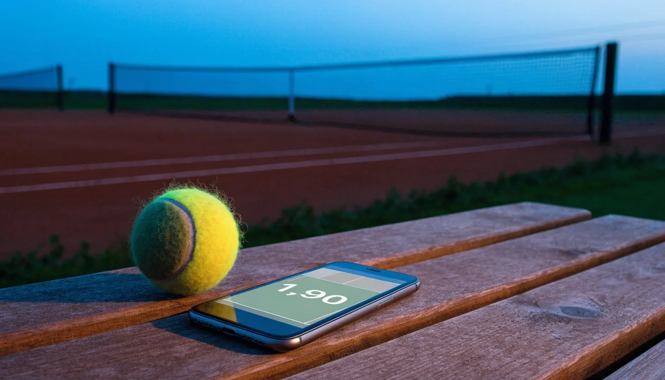 Ein Tennisplatz in der Dämmerung, Netz und Linien im Zwielicht, ohne Menschen und mit ruhigem Himmel.