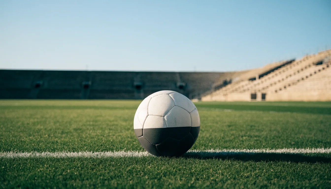 Ein Fußball liegt am Spielfeldrand eines Rasenplatzes, im Hintergrund eine leere Tribüne unter hellem Himmel.
