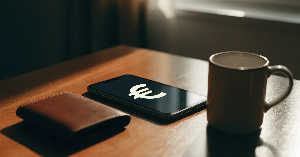 Ein Smartphone mit dunklem Bildschirm liegt auf einem Holztisch neben einem Portemonnaie und einer Kaffeetasse im Fensterlicht.