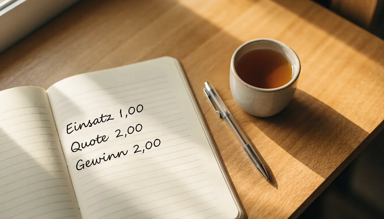 Ein Notizbuch mit handgeschriebenen Rechnungen und ein Taschenrechner auf einem Schreibtisch neben einer Teetasse.
