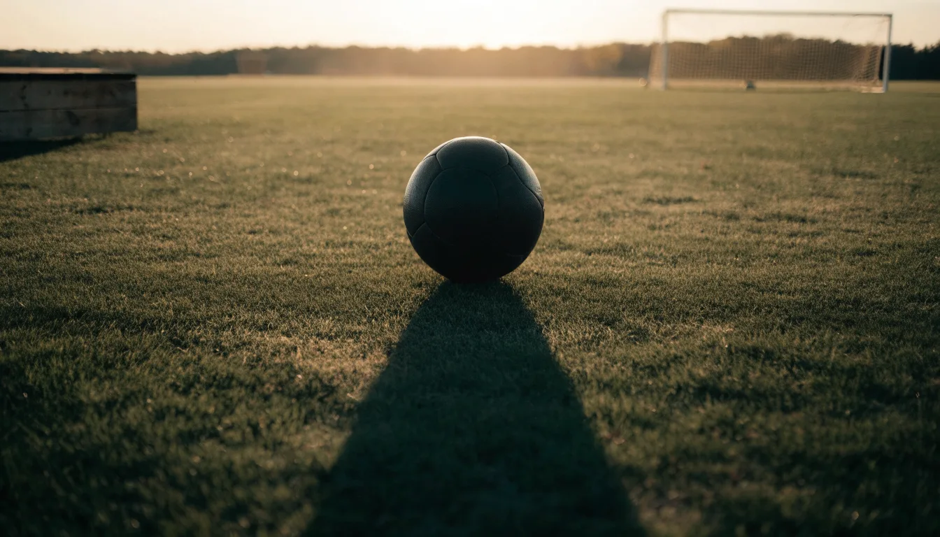 Ein Fußball auf einem Rasenplatz im Gegenlicht der tiefstehenden Sonne, am Rand eine leere Ersatzbank.