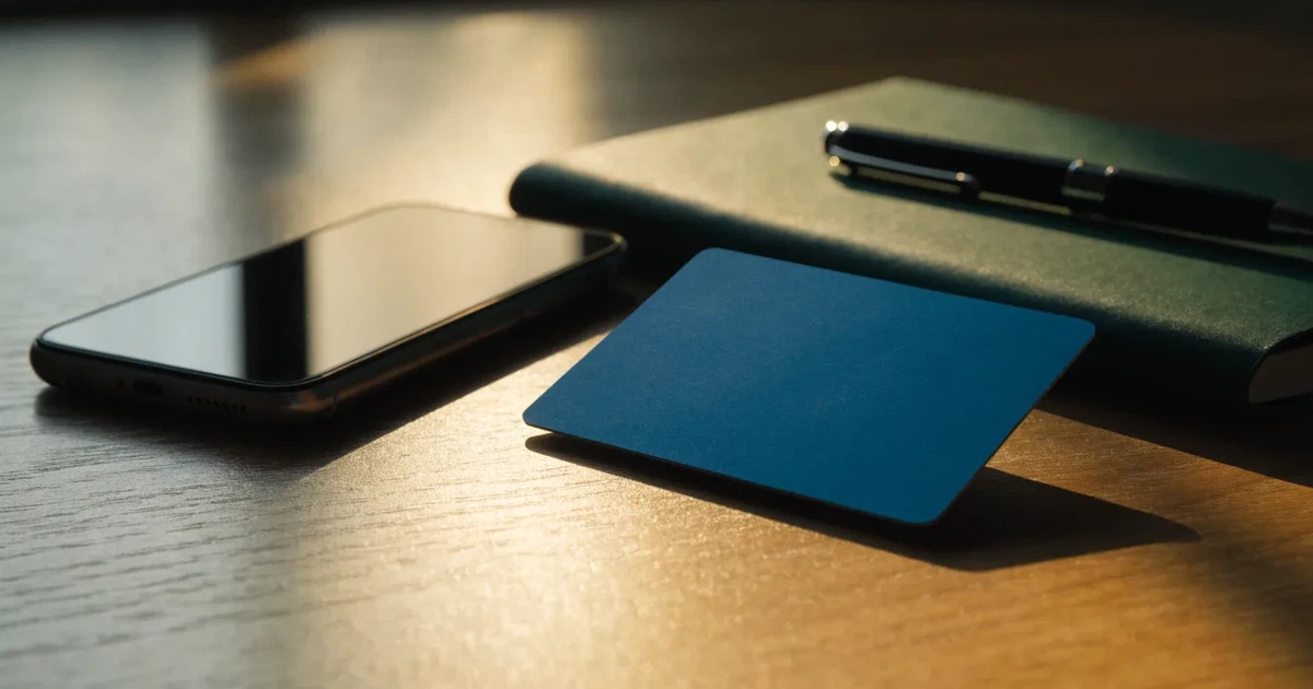 Eine Plastikkarte ohne Aufdruck liegt auf einem Holztisch neben einem Smartphone mit dunklem Bildschirm und einem Notizbuch.