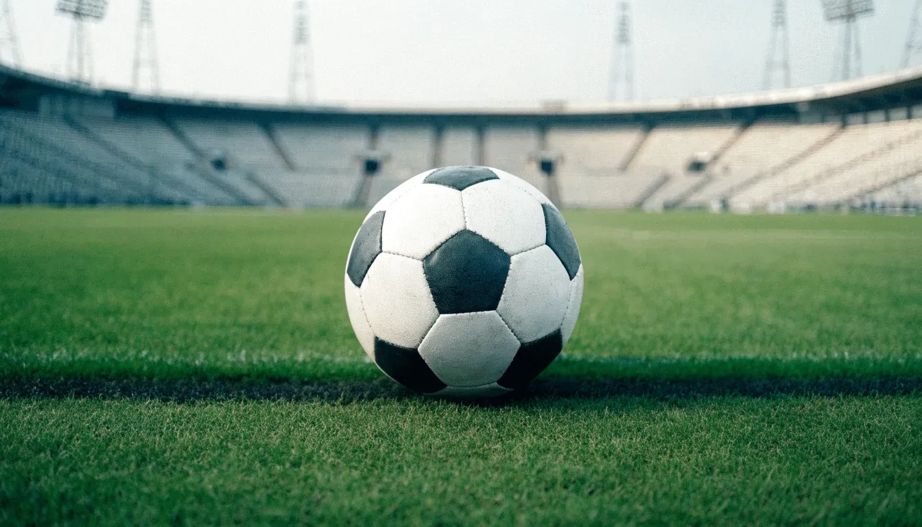 Ein Fußball auf einem Rasen, im Hintergrund ein leeres Stadion bei bewölktem Himmel.