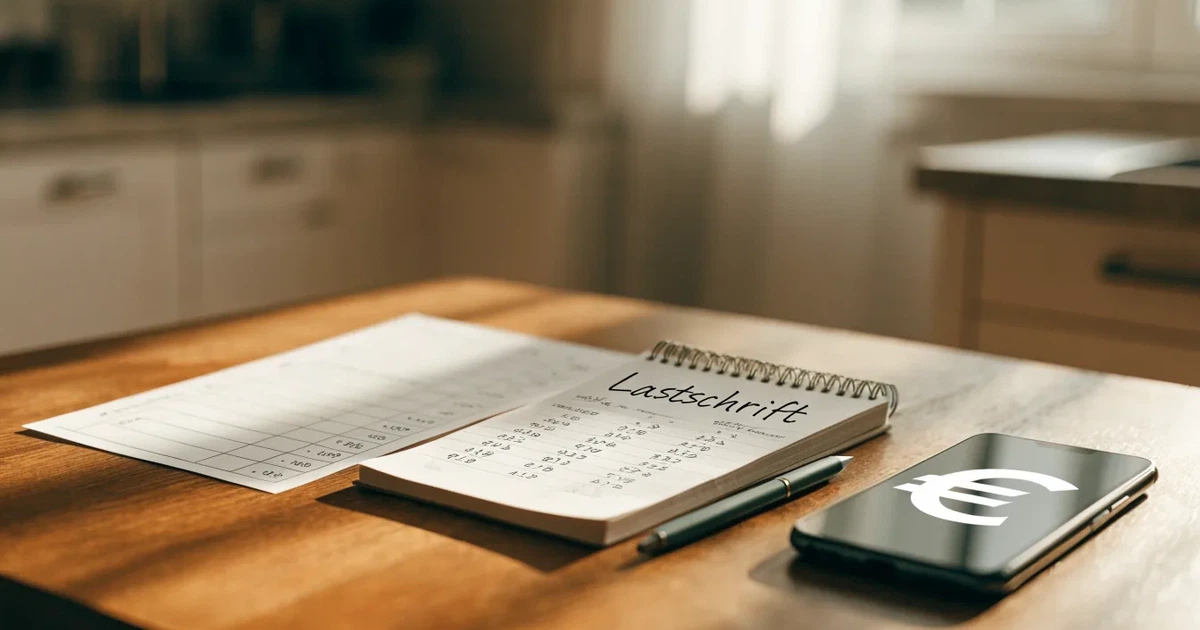 Ein Taschenrechner, ein Stift und ein Smartphone mit dunklem Bildschirm liegen auf einem Küchentisch im Morgenlicht.