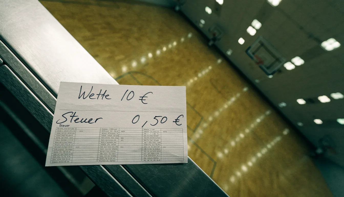 Ein Basketballfeld in einer leeren Halle, das Parkett spiegelt das Deckenlicht.
