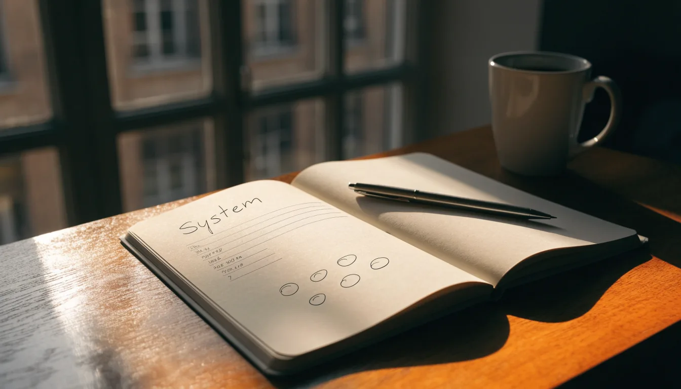 Ein aufgeschlagenes leeres Notizbuch mit Kugelschreiber neben einer Tasse Kaffee auf einem Tisch am Fenster.