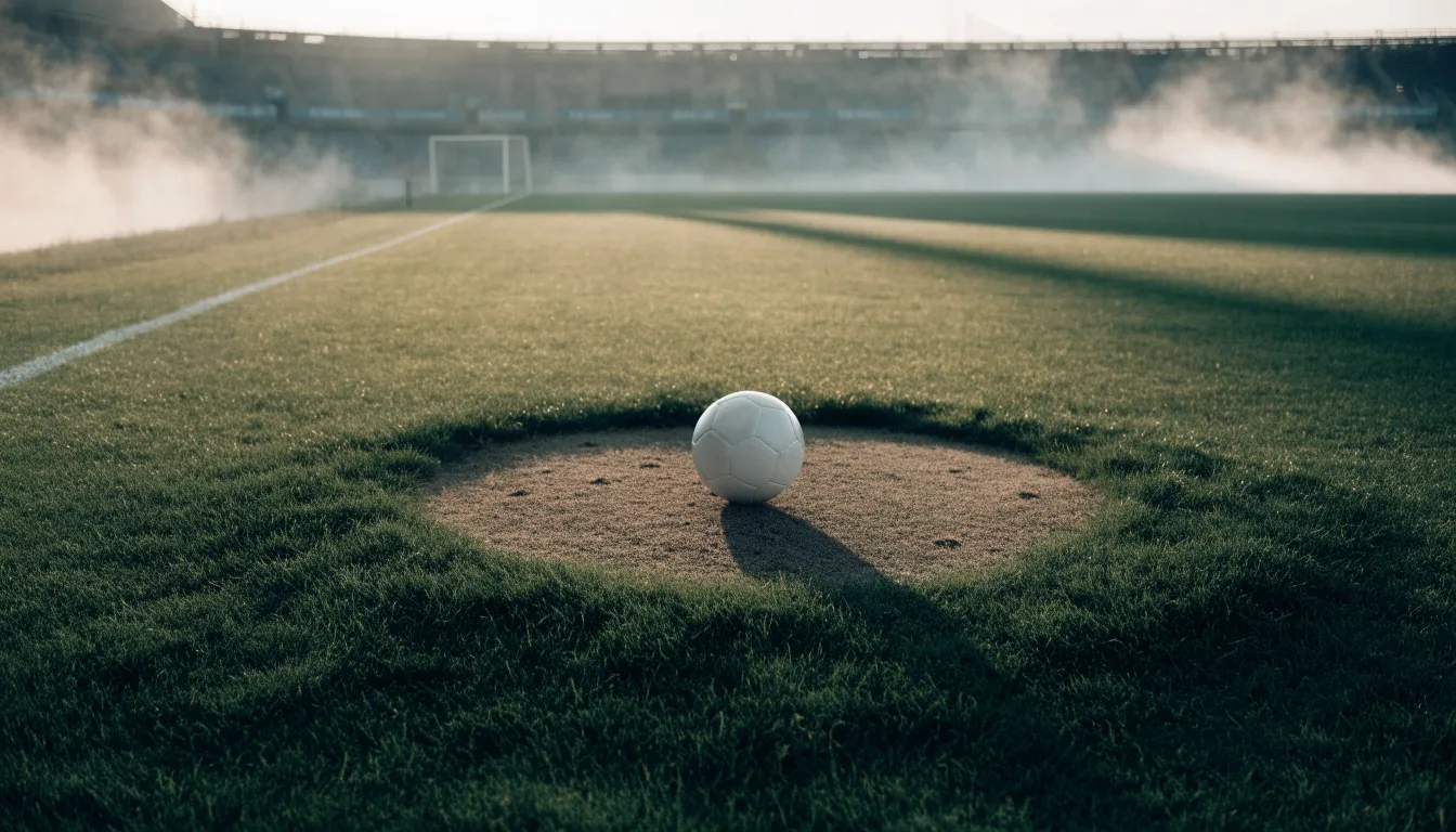 Ein Fußball liegt auf dem Anstoßpunkt eines leeren Rasenplatzes, im Hintergrund hängt Morgendunst über den Tribünen.