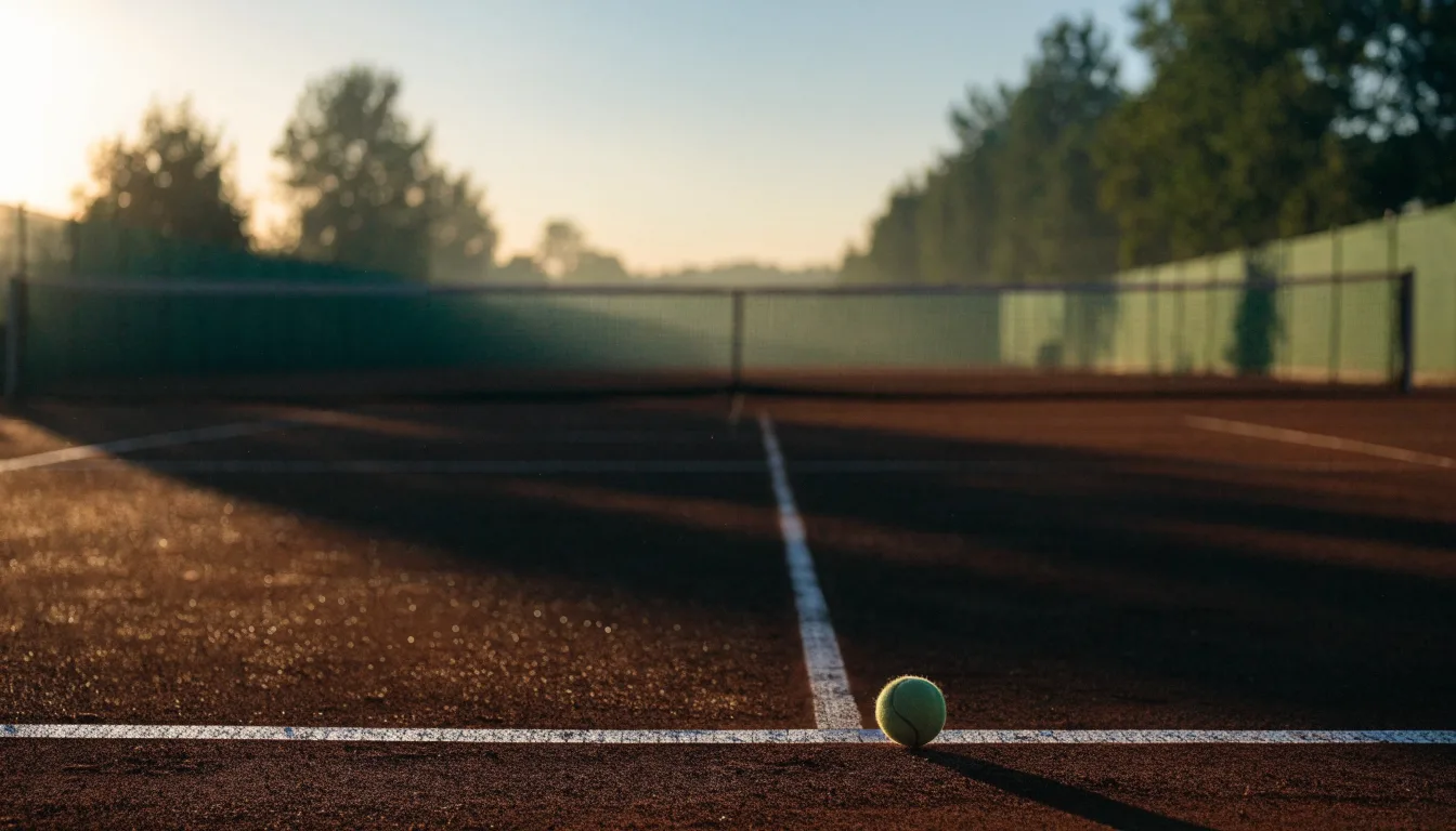 Ein Tennisplatz bei Sonnenaufgang, die Linien noch taufeucht, ein einzelner Ball liegt an der Grundlinie.