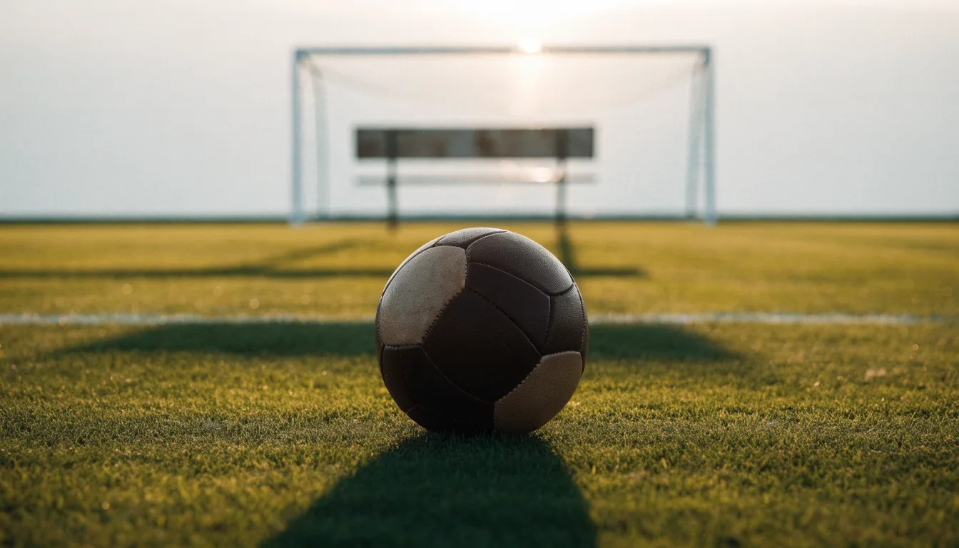Ein Fußball liegt im Gras am Spielfeldrand, dahinter eine leere Bank und ein Tor im Gegenlicht.