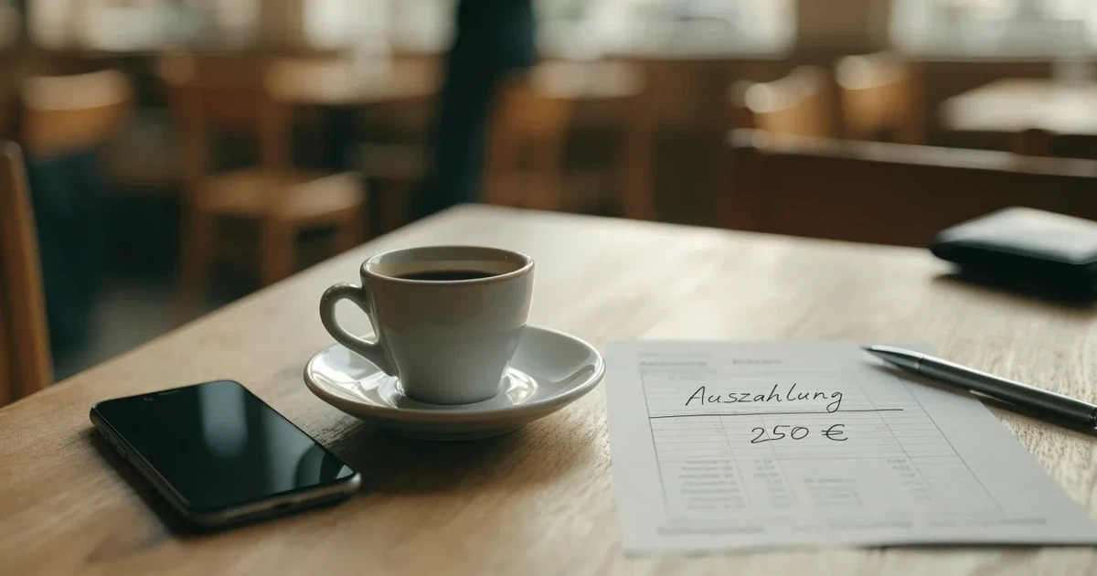 Ein Smartphone liegt mit dunklem Display auf einem Café-Tisch neben einer Tasse Kaffee und einem Kugelschreiber.