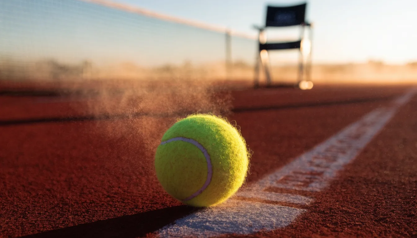 Ein Tennisball liegt auf einem roten Sandplatz bei Sonnenaufgang, im Hintergrund ein leerer Schiedsrichterstuhl.