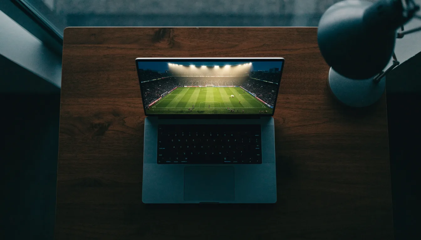 Ein Stadion unter Flutlicht aus der Ferne, davor ein stilles Feld im Dämmerlicht.