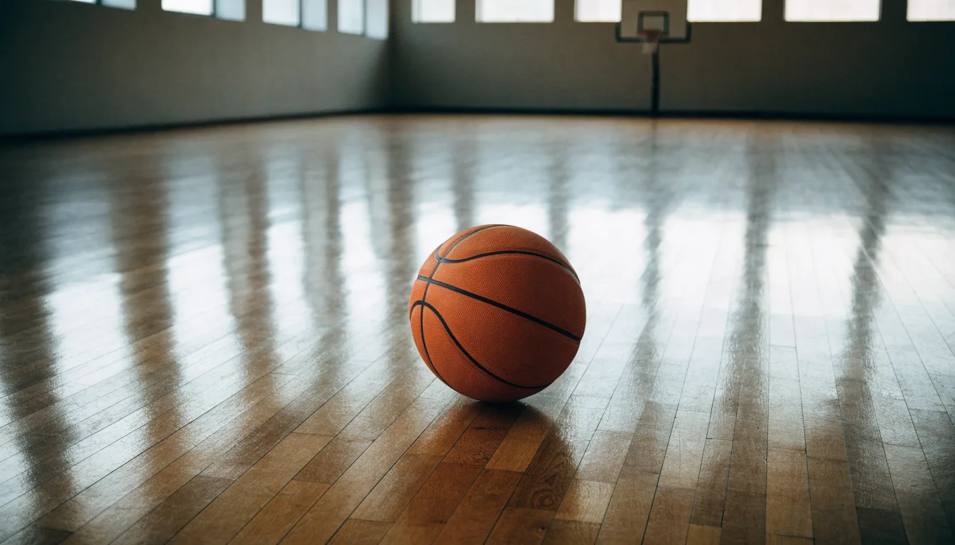 Ein Basketball liegt auf dem Parkett einer leeren Halle, Licht fällt durch hohe Fenster.