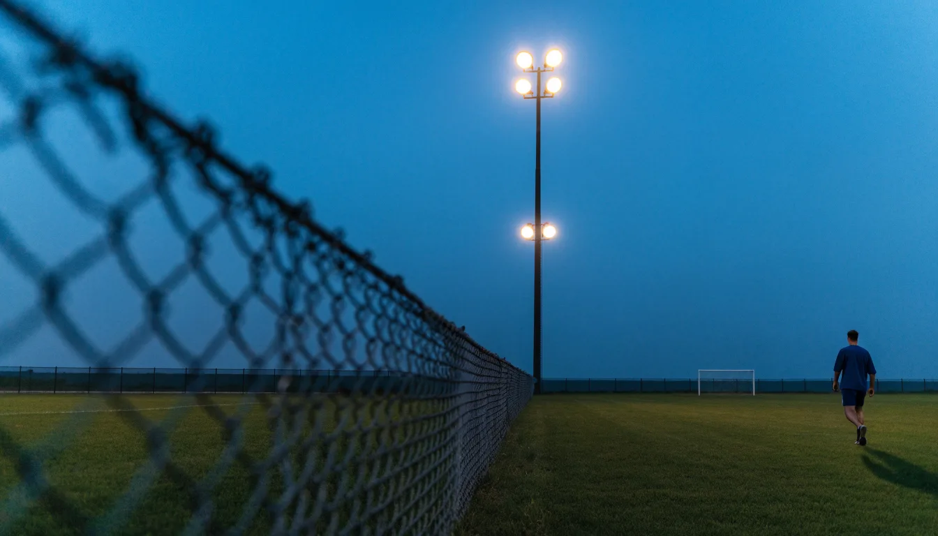 Eine Flutlichtanlage über einem leeren Sportplatz am Abend, im Vordergrund ein Maschendrahtzaun.
