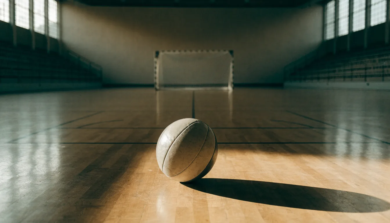 Ein Handball liegt in einer leeren Halle auf dem Boden vor dem Tor.