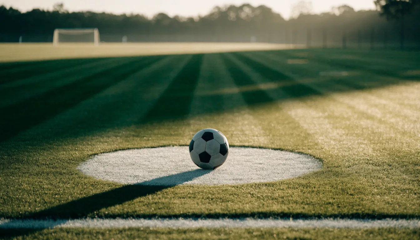 Ein Fußball liegt auf dem Anstoßkreis eines leeren Rasenplatzes im frühen Morgenlicht.