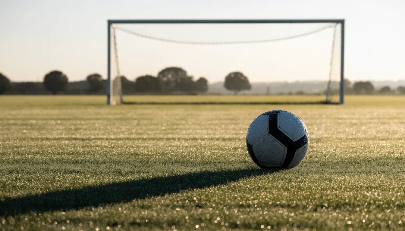 Ein Fußball auf dem Rasen vor einem leeren Tor im frühen Morgenlicht.