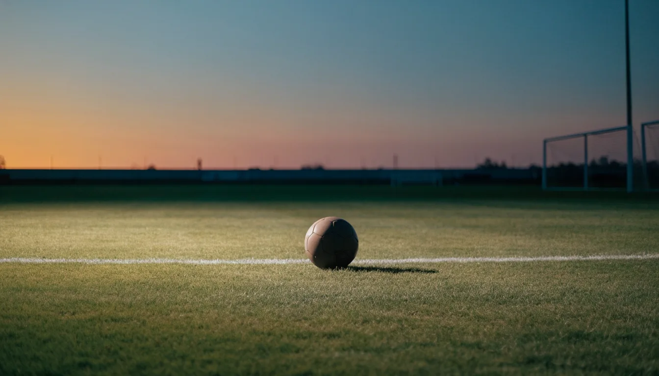 Ein Fußball liegt in der Mitte eines leeren Rasenplatzes, am Horizont färbt sich der Himmel orange.