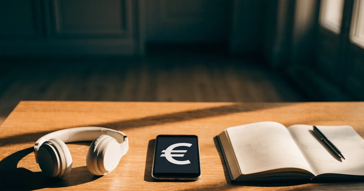 Ein Smartphone mit schwarzem Display liegt neben Kopfhörern auf einem Schreibtisch, daneben ein aufgeschlagenes Notizbuch.