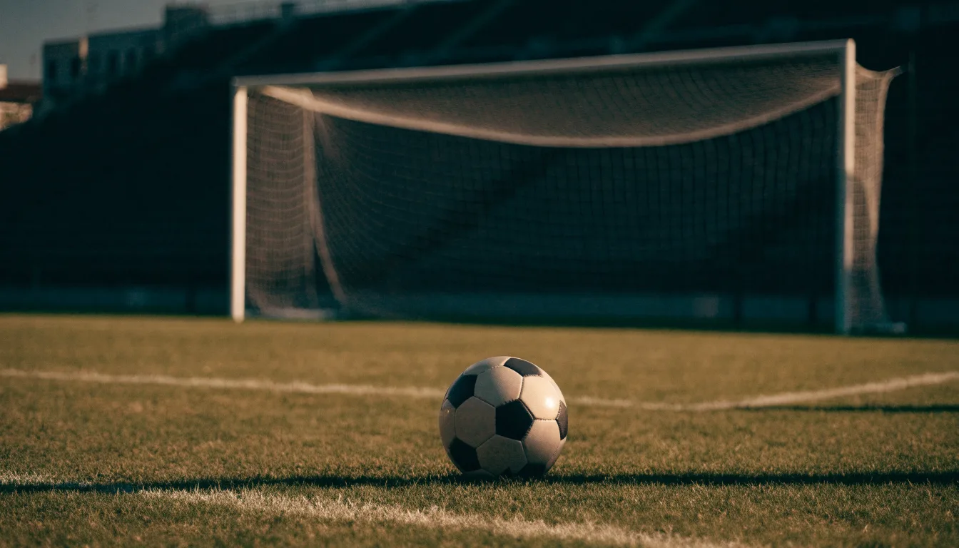 Ein Fußball liegt im Strafraum eines leeren Platzes, dahinter die Netze des Tores im Abendlicht.