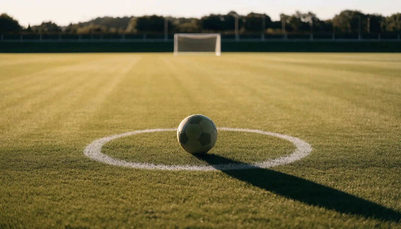 Ein Fußball liegt auf dem Elfmeterpunkt eines leeren Platzes im Abendlicht.