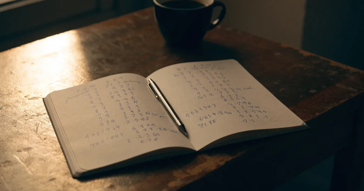Ein Notizbuch mit handschriftlichen Zahlenreihen und Strichlisten liegt neben einem Taschenrechner auf einem Schreibtisch.