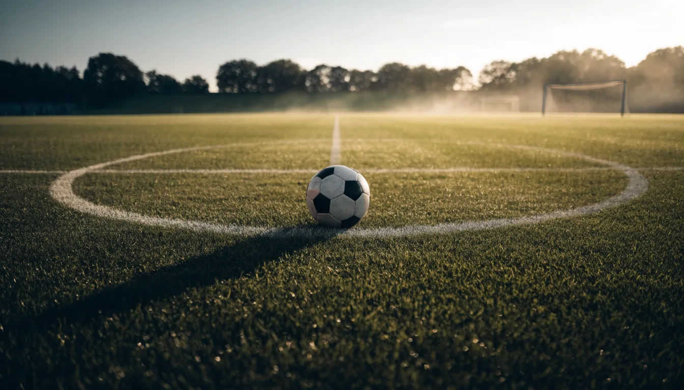 Ein Fußball auf dem Mittelkreis eines leeren Rasenplatzes im frühen Morgenlicht.