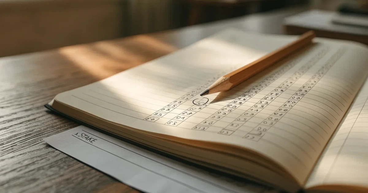 Ein Notizbuch mit handschriftlichen Zahlenreihen und Kästchen liegt neben einem Taschenrechner und einem Bleistift auf einem Schreibtisch.