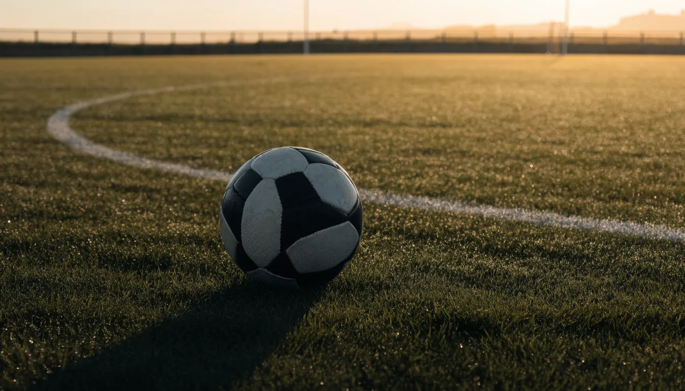 Ein Fußball liegt am Rand des Mittelkreises auf einem leeren Rasenplatz bei Sonnenaufgang.