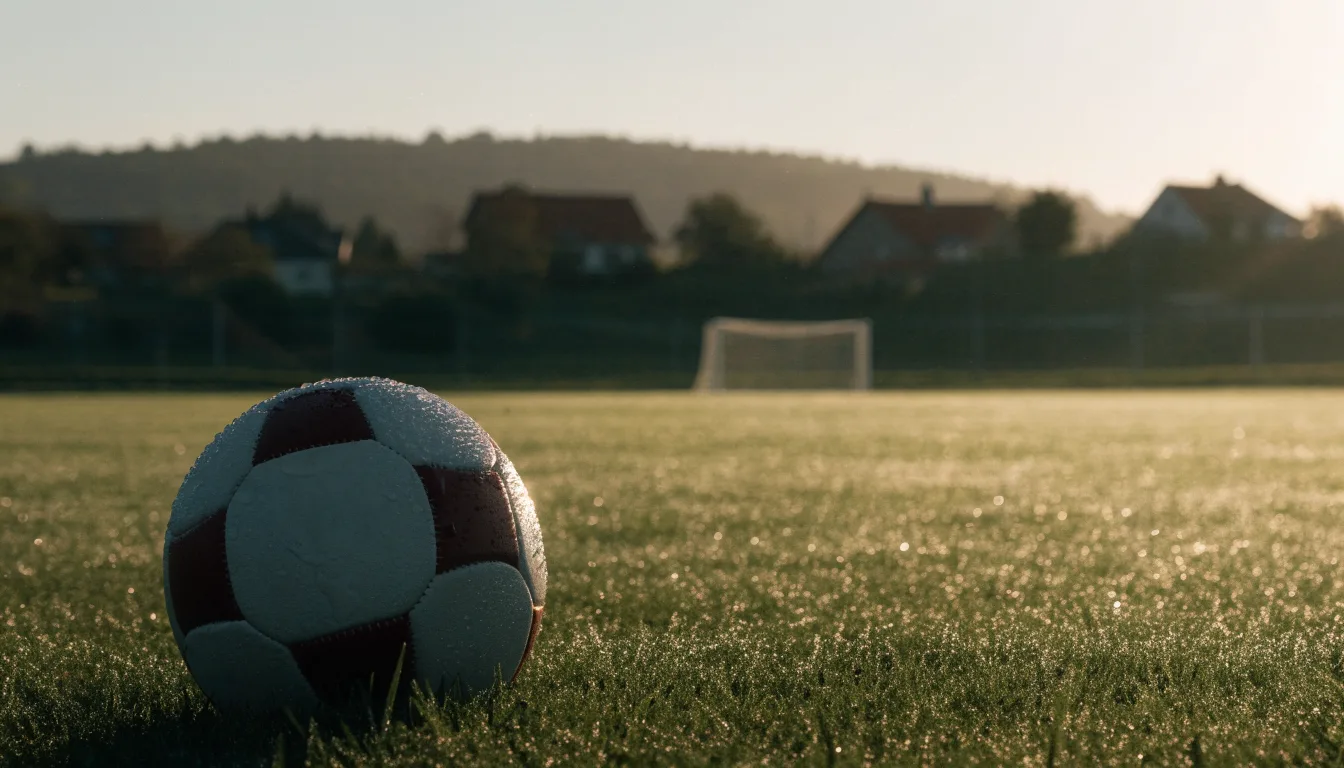 Ein Fußball auf dem Rasen eines leeren Sportplatzes am Rand einer Kleinstadt im Morgenlicht.
