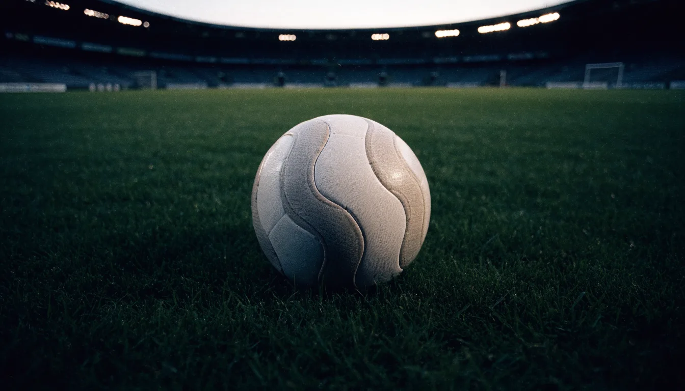Ein Fußball liegt auf dem Anstoßpunkt eines leeren Rasenplatzes, im Hintergrund ein Stadion unter Flutlicht in der Abenddämmerung.