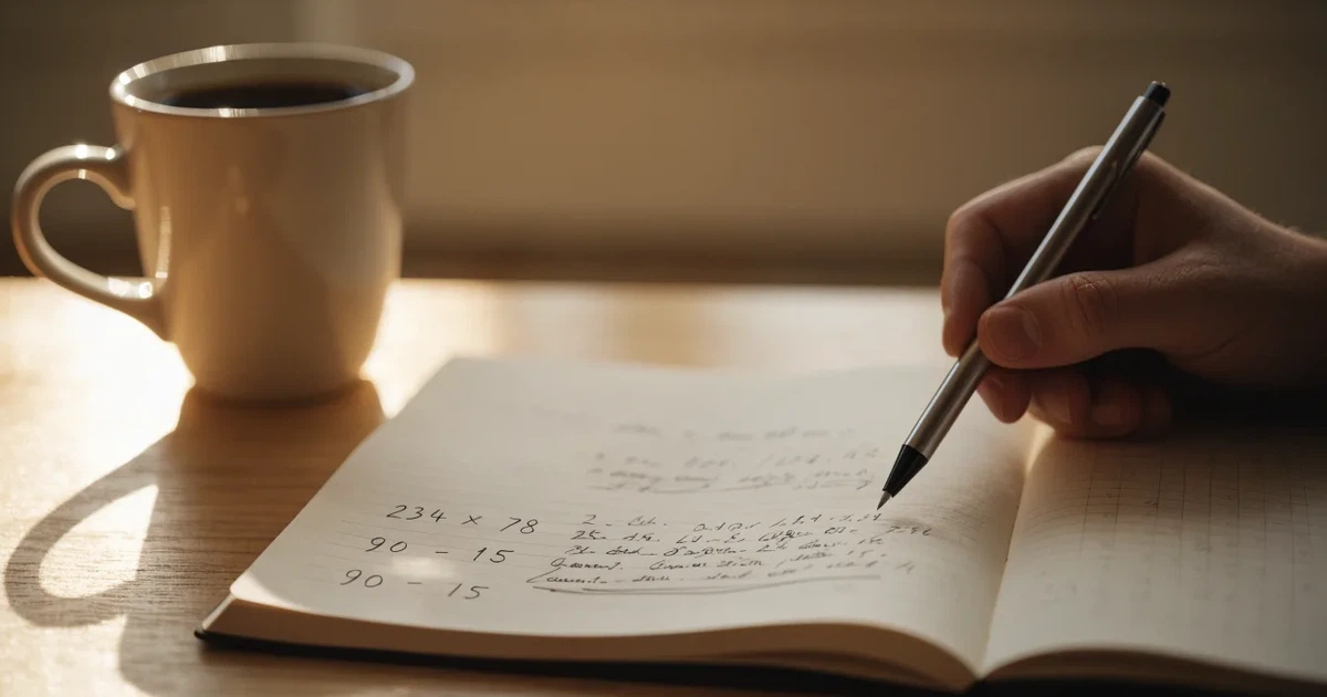 Ein Notizbuch mit handschriftlichen Rechnungen und ein Taschenrechner liegen auf einem Schreibtisch neben einer Tasse Kaffee im Licht des frühen Morgens.