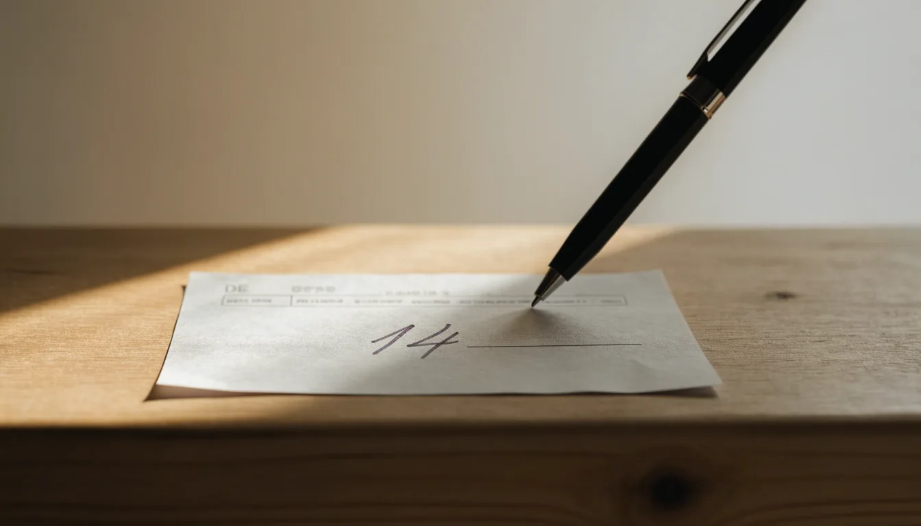 Ein leerer Wettschein aus Papier liegt neben einem Stift auf einer hölzernen Theke, weiches Licht fällt von der Seite ein.