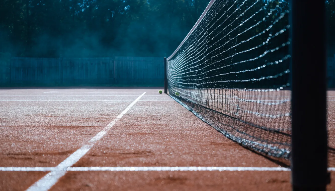 Ein Tennisplatz im Morgengrauen, das Netz und die Linien liegen im Tau, im Hintergrund leichter Nebel und kein Mensch zu sehen.