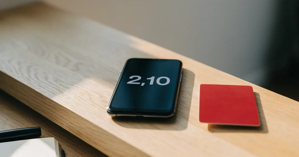 Ein Smartphone mit dunklem Display liegt neben einer schlichten Plastikkarte ohne Aufdruck auf einem hellen Schreibtisch.
